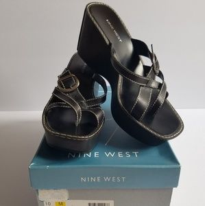 Nine West Black Strappy Platform Wedge Sandal 10
